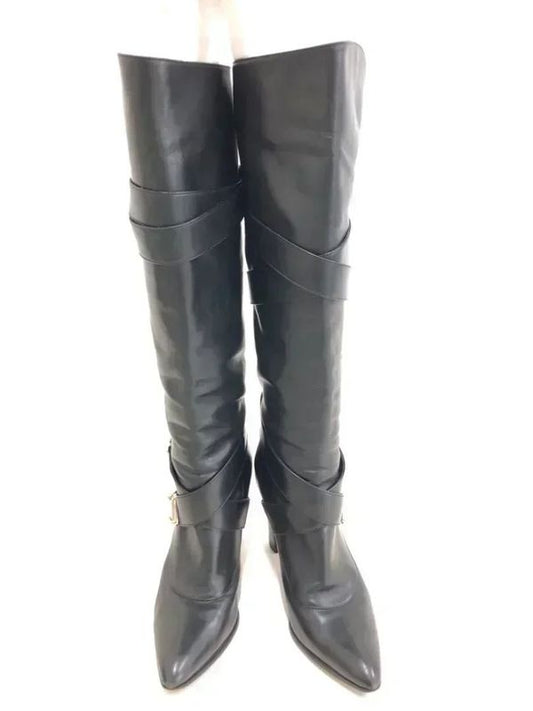 Louis Vuitton Leather Cross Belt Heel Long Boots Women's 34 1 2 El0503 Black