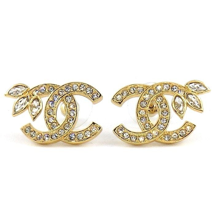 Chanel Earrings CC Logo Leaf Rhinestone