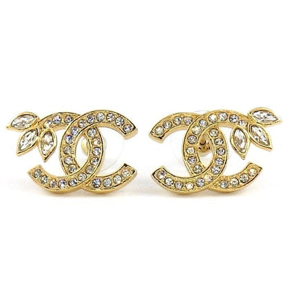 Chanel Earrings CC Logo Leaf Rhinestone