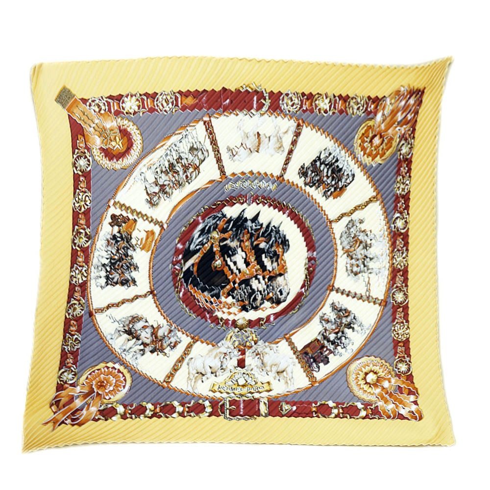 Hermes Pleats Carre Chevaux de Trait Horse Silk Yellow Multicolor
