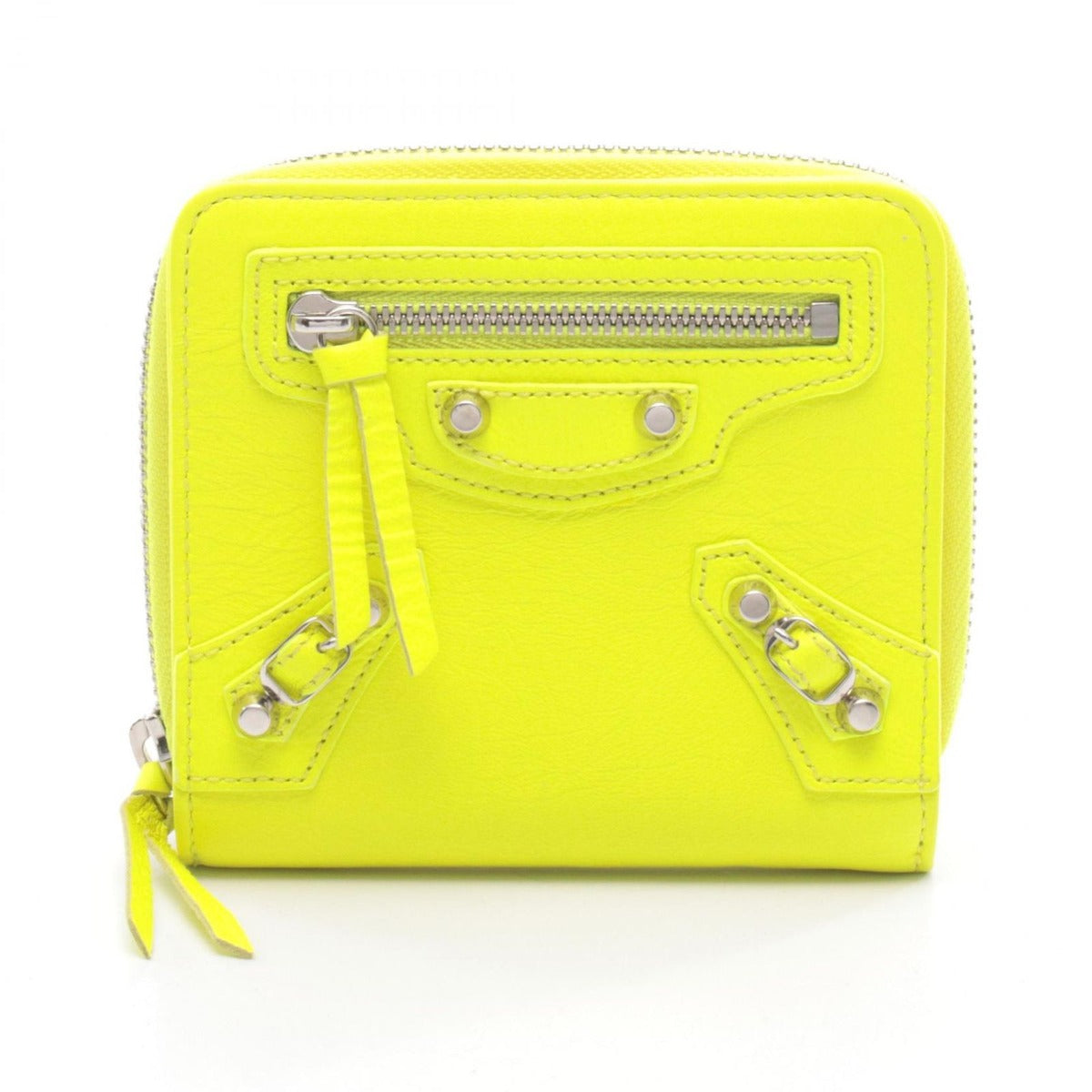 Balenciaga Round Wallet Classic Billfold Zip Neon Yellow Leather