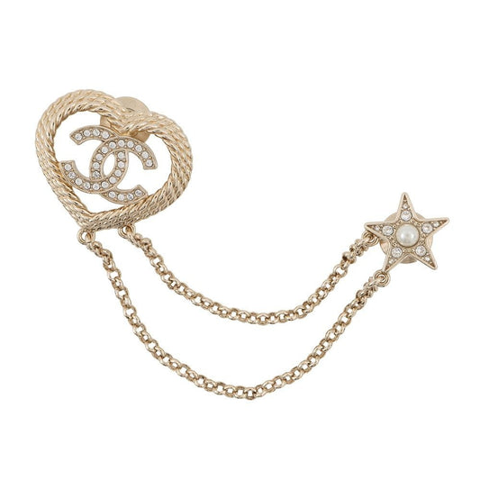 Chanel Brooch CC Logo Heart Star Rhinestone Faux Pearl Double