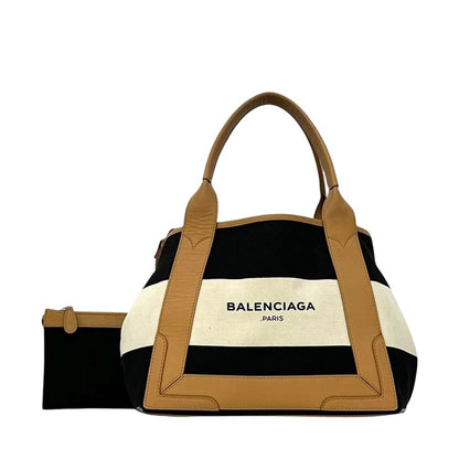 Balenciaga Tote Navy Cabas S Beige Black D Canvas Leather Border Handbag