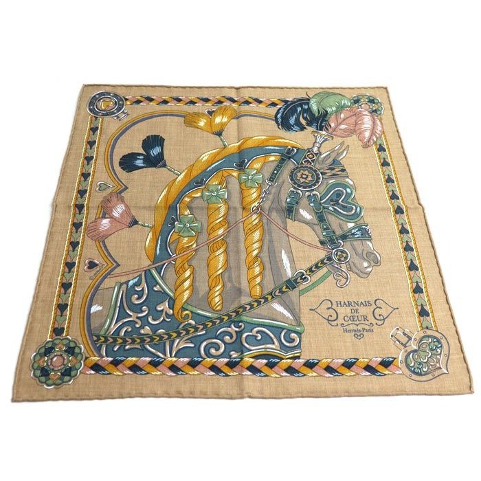 Hermes Carre 45 Gavroche Harnais de Coeur Arnais Scarf Caramel