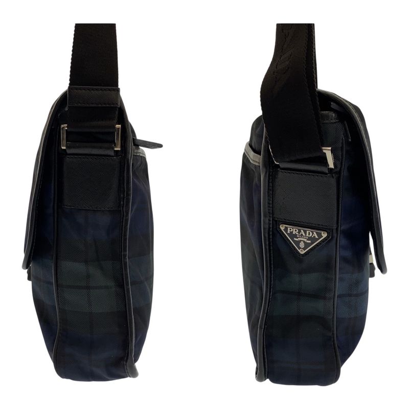 Prada Tessuto Triangle Logo Plate Checked Green Blue Black Silver Hardware