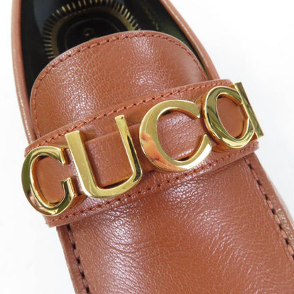 Gucci 700036 Logo Metal Leather Loafer Brown Gold Hardware 35 With Box And