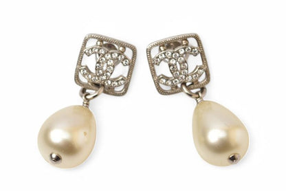 Chanel Earrings Chanel CC Motif Coco Mark Rhinestone Swing Pearl Silver White