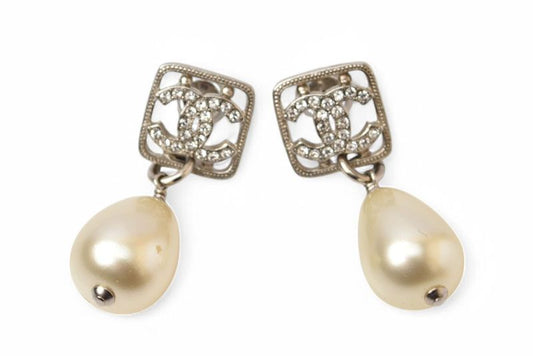 Chanel Earrings Chanel CC Motif Coco Mark Rhinestone Swing Pearl Silver White