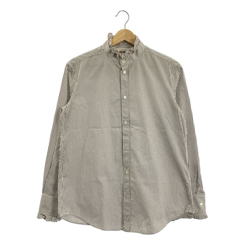 Celine - Striped Ruffle Collar Shirt - 40 - White Brown - Women's