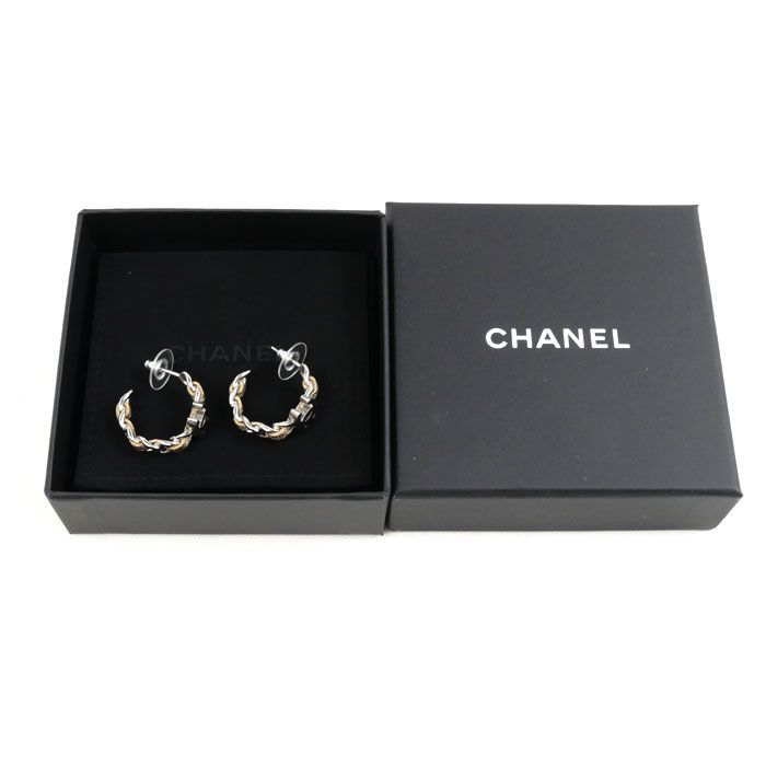 Chanel Metal Leather Coco Mark Hoop Earrings Ladies Pre-owned