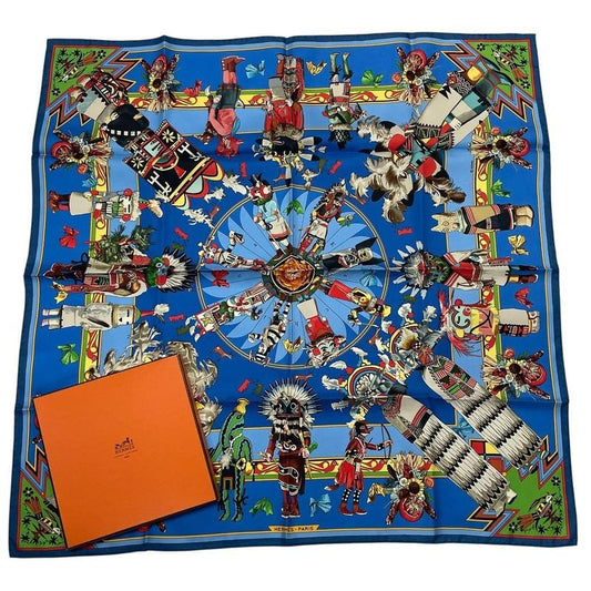 Hermes Scarf Silk Carre 90 Kachinas Ethnic Blue Box