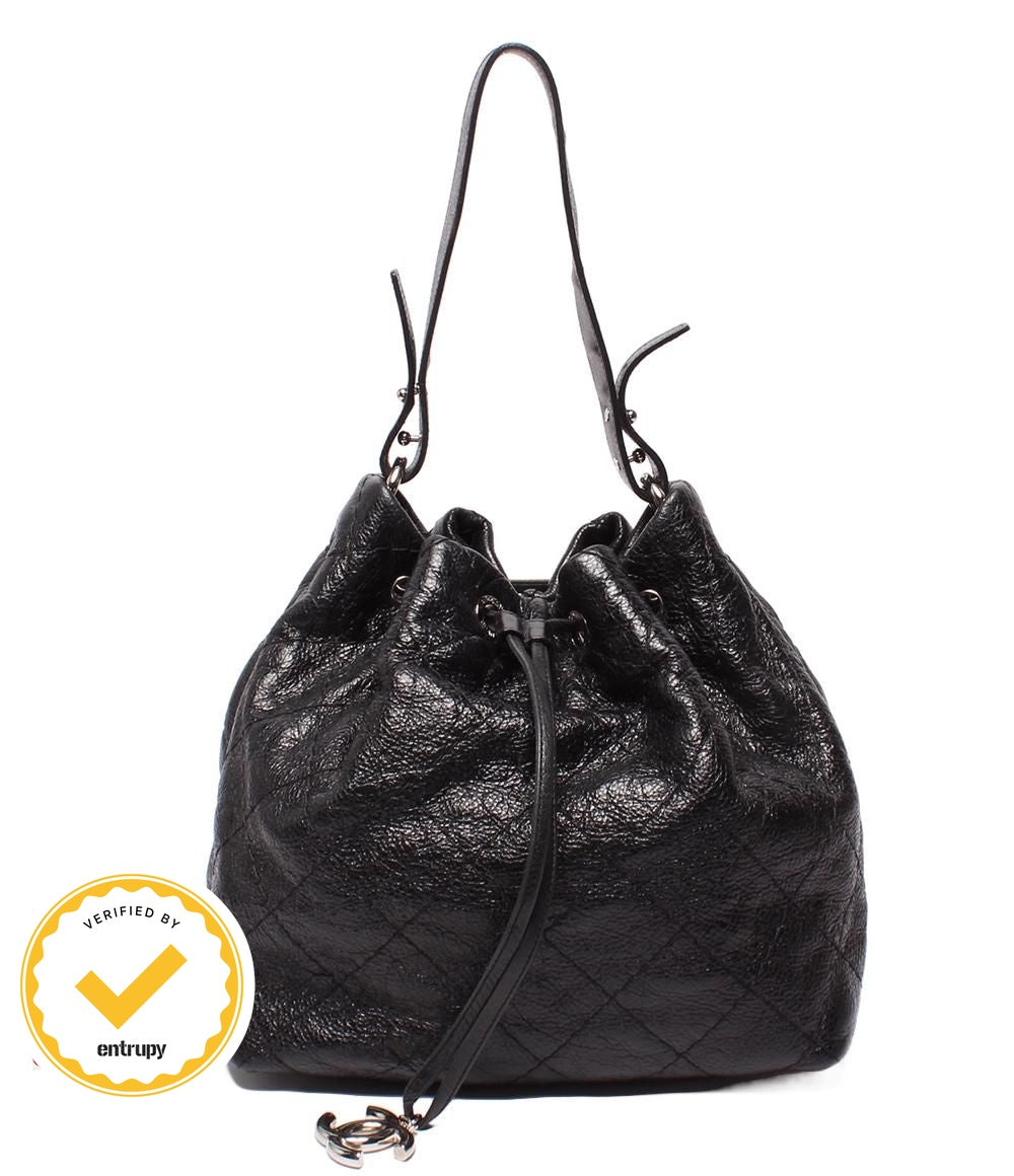 Chanel Leather Shoulder Bag Drawstring Quilted Silver on the Road