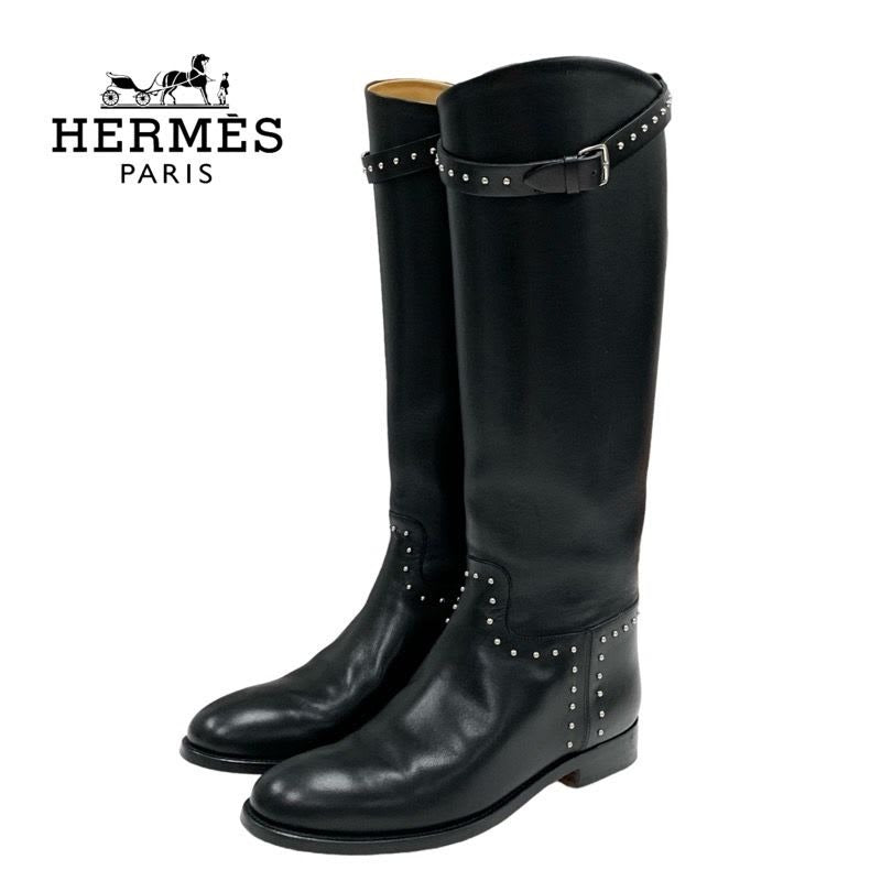 Hermes Jumping Boots Long Shoes Leather Black Silver Studs