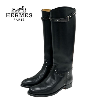 Hermes Jumping Boots Long Shoes Leather Black Silver Studs