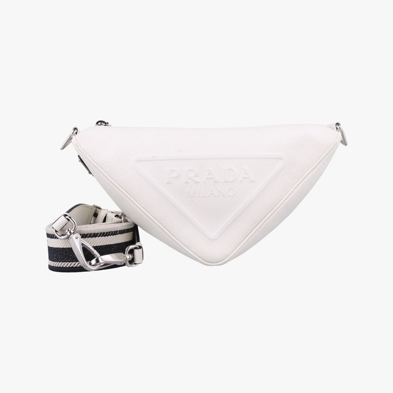 Prada Triangle Logo Plate White Saffiano Leather Handbag Shoulder Bag Tote Purse