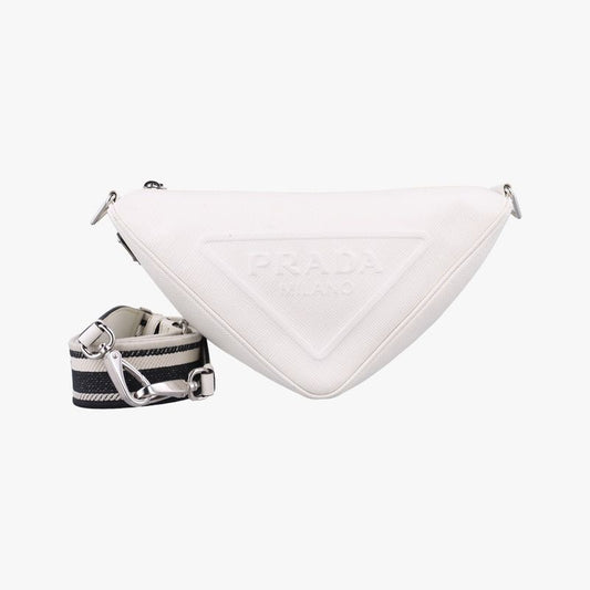 Prada Triangle Logo Plate White Saffiano Leather Handbag Shoulder Bag Tote Purse