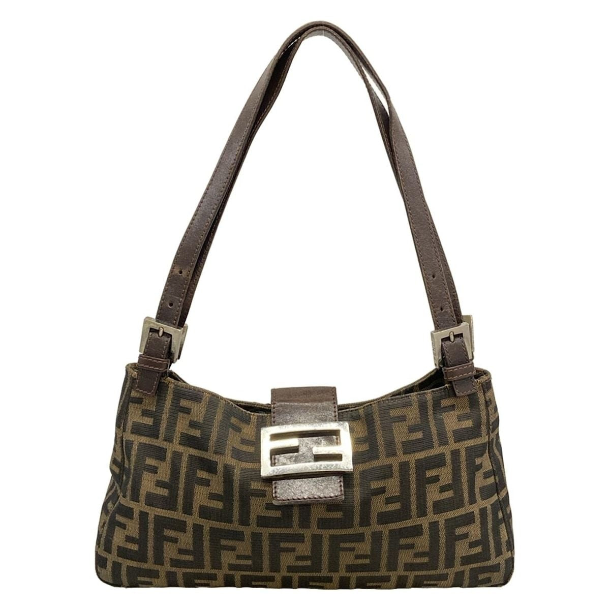Fendi Shoulder Bag Zucca Pattern Black Beige Dark Brown Leather