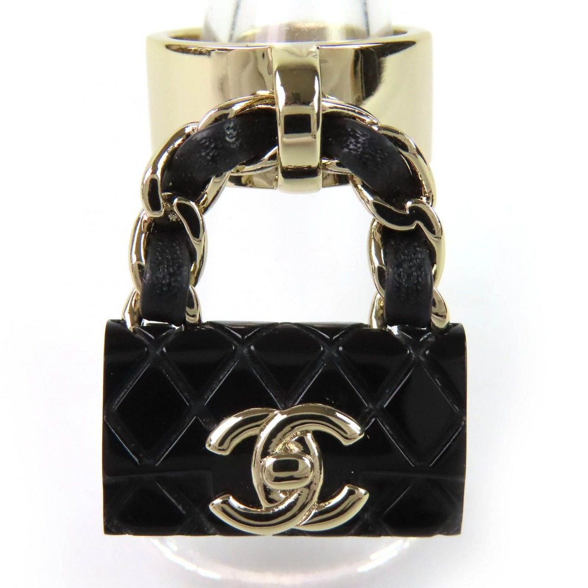 Chanel CC Logo Quilted Bag Charm Ring Gold Black
