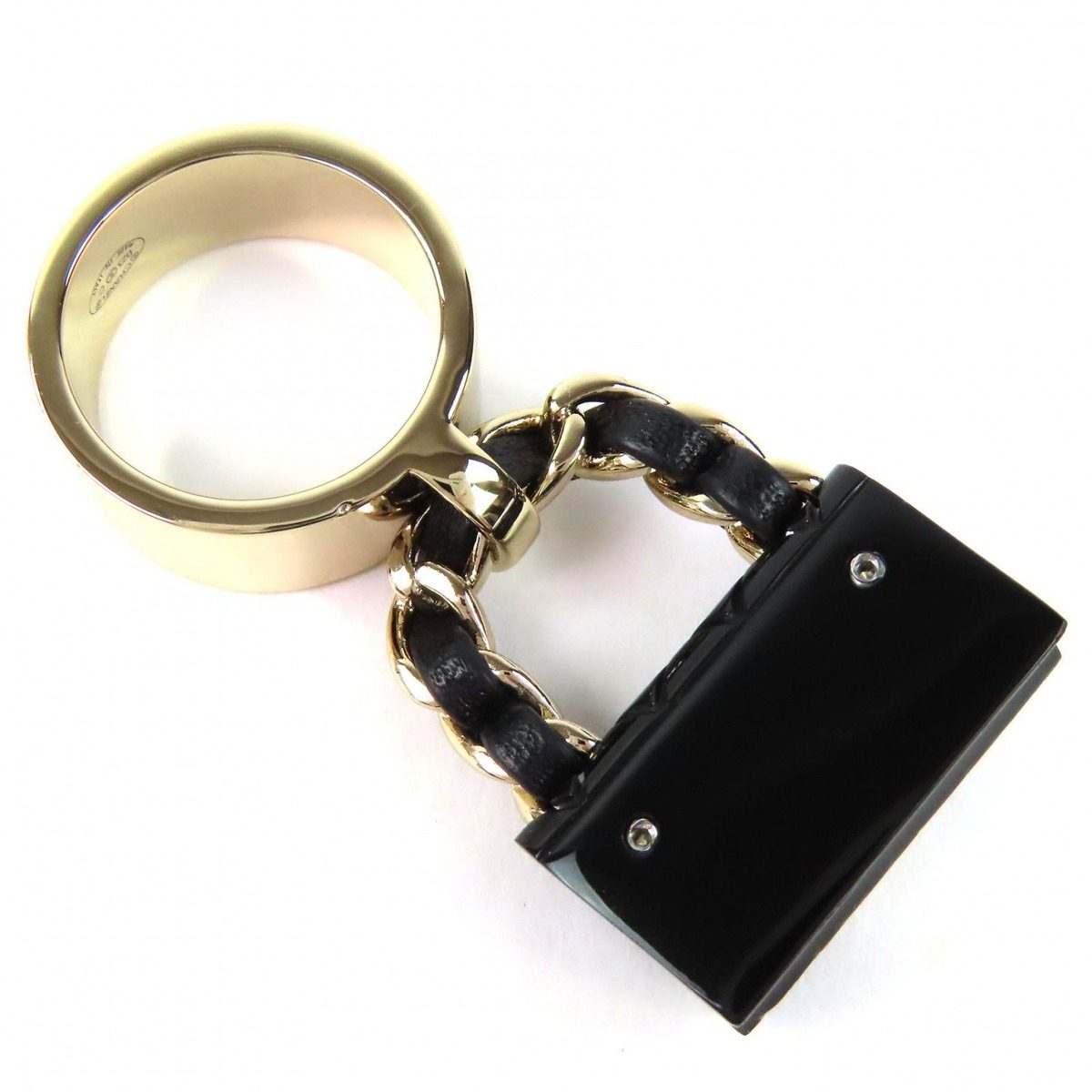 Chanel CC Logo Quilted Bag Charm Ring Gold Black — view 6
