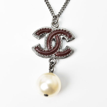 Chanel Necklace Pendant 2-way Coco Mark Pearl Motif Burgundy Gunmetal 230905