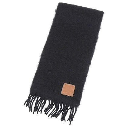 Loewe Mohair Wool Blend Anagram Leather Patch Long Scarf with Fringe Black