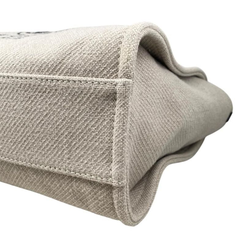 Chanel Tote Bag Deauville MM A67001 Canvas Chain Logo Beige Black Gold Hardware