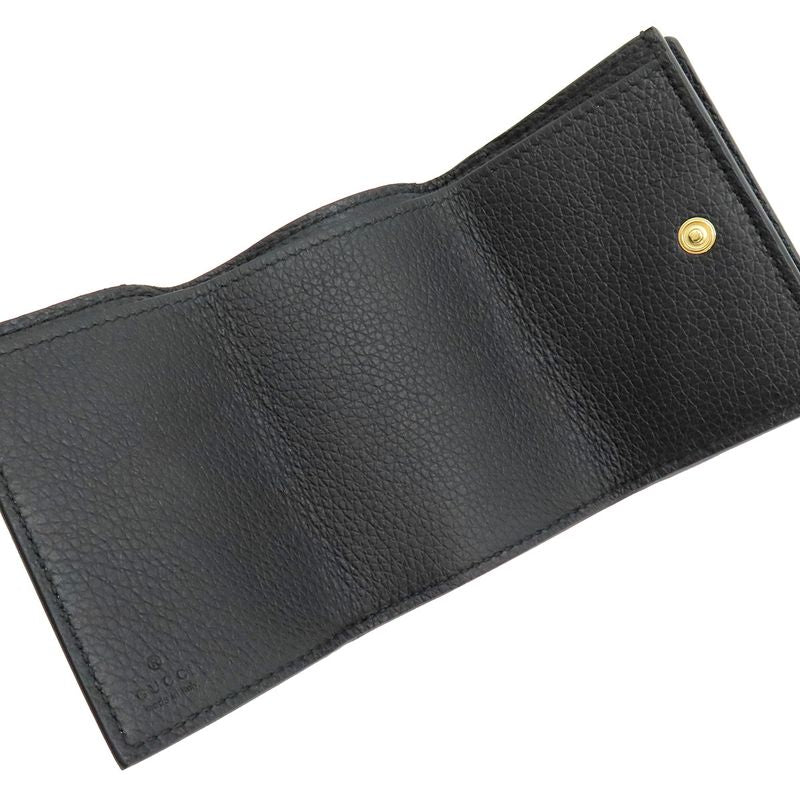 Gucci Trifold Wallet Logo Mini Wallet Leather Black Gold Hardware Black Compact