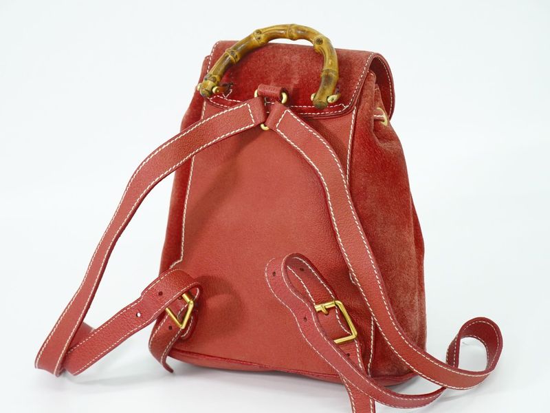 Authentic Gucci Bamboo Backpack Sac Backpack Suede Leather Red Bamboo Bag