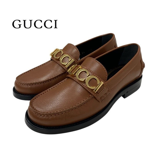 Gucci Loafer Leather Shoes Brown Gold Metal Logo Flat