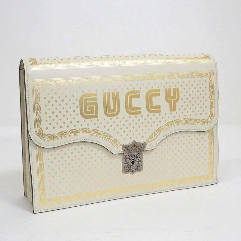 Gucci Clutch Logo Star Leather Silver White Gold