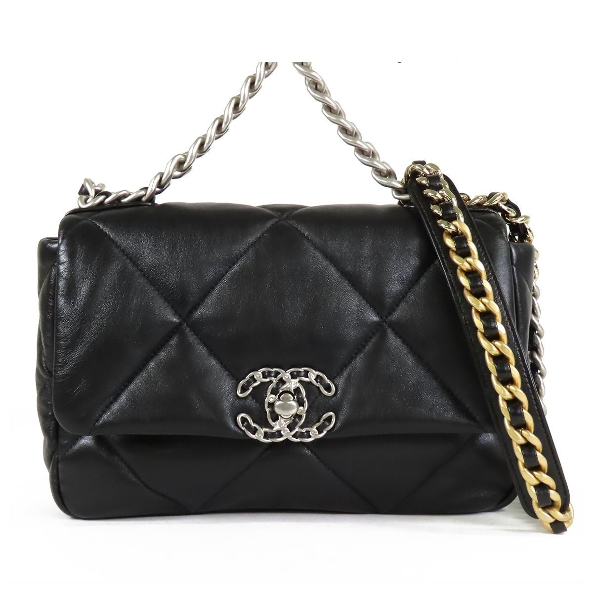 Chanel 19 Black Silver Gold Shiny Lambskin 2-Way Shoulder Bag
