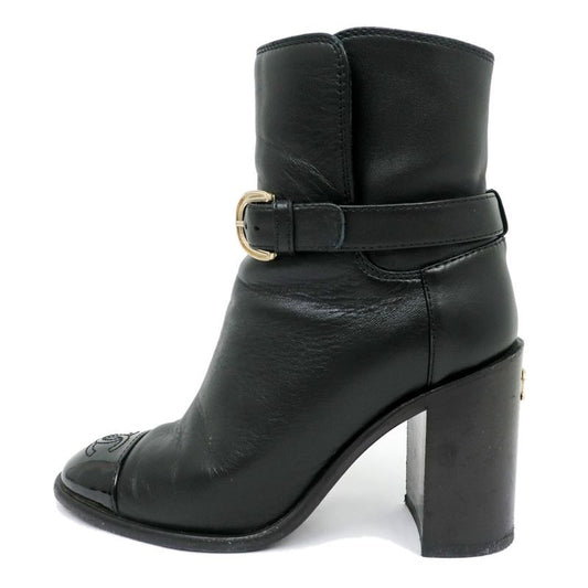 Chanel Ankle Boots 34 1 2 C Black Leather Patent CC Mark Shoes