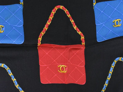 Authentic Chanel Bag Motif Scarf Shawl Bandana Silk Blue Black Multicolor