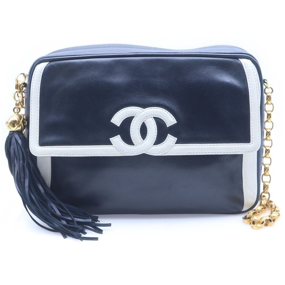 Chanel CC Logo Fringe Chain Shoulder Bag White Navy Leather Gold