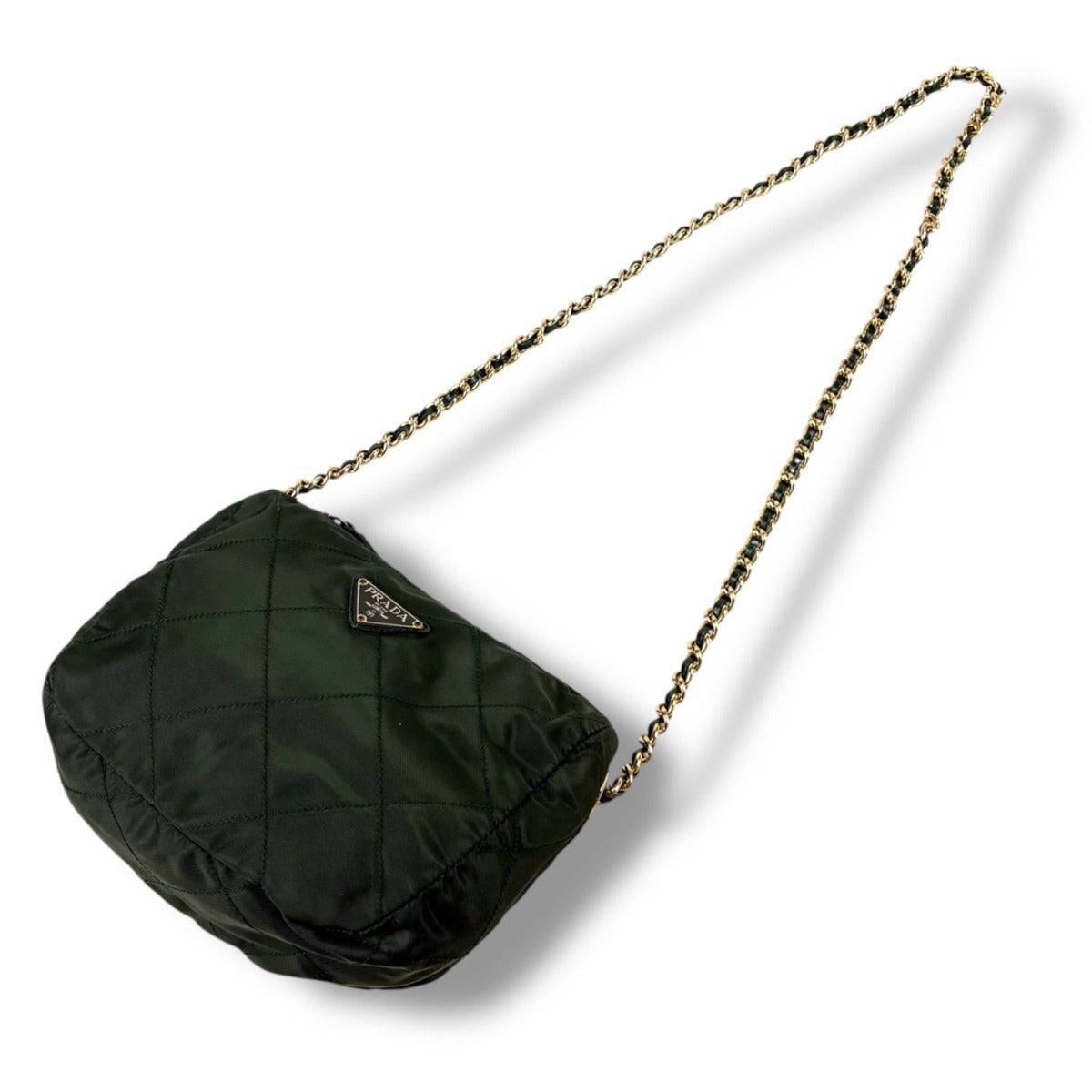 Prada Triangle Logo Chain Shoulder Bag Quilted Tessuto Nylon Khaki Green — view 2