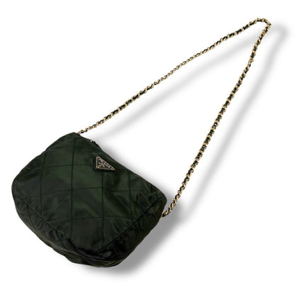 Prada Triangle Logo Chain Shoulder Bag Quilted Tessuto Nylon Khaki Green — view 2