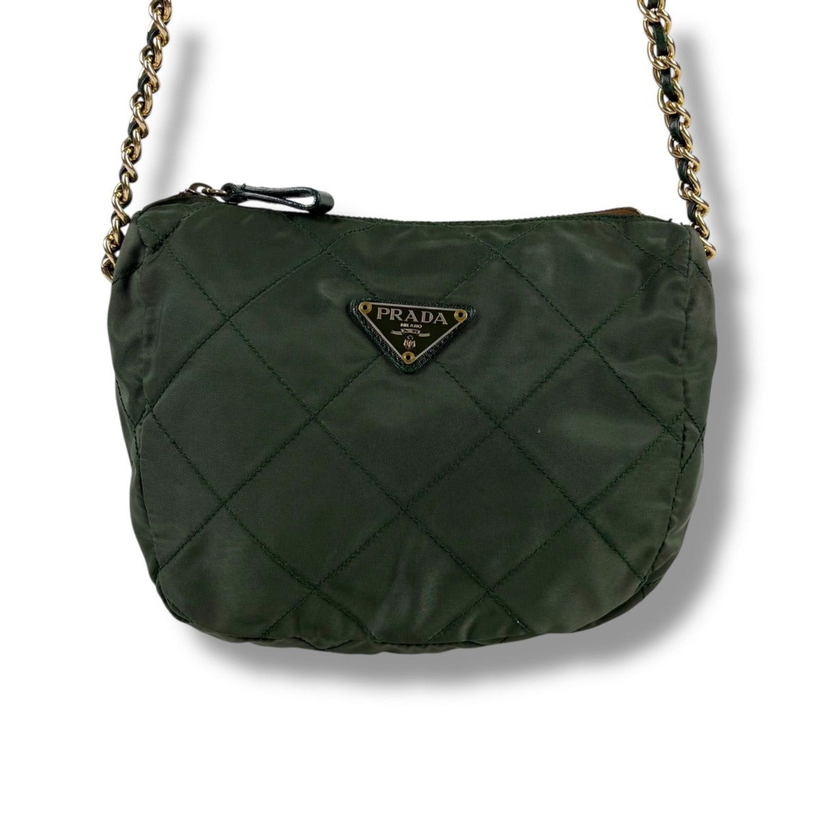 Prada Triangle Logo Chain Shoulder Bag Quilted Tessuto Nylon Khaki Green — view 3