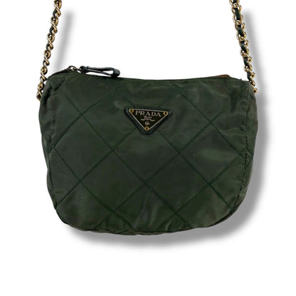 Prada Triangle Logo Chain Shoulder Bag Quilted Tessuto Nylon Khaki Green — view 3