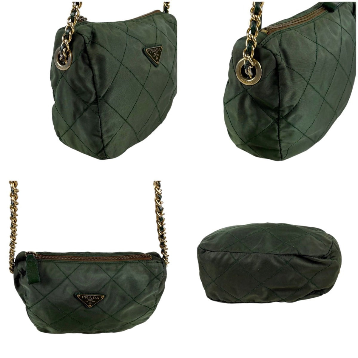 Prada Triangle Logo Chain Shoulder Bag Quilted Tessuto Nylon Khaki Green — view 5