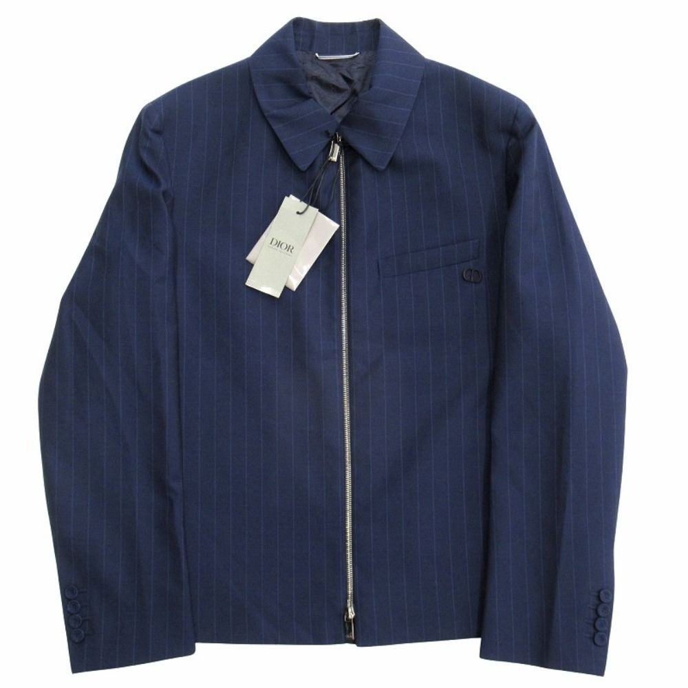 Dior CD Icon Tailored Zip Up Jacket Blue Leather Modern Tailor Ring Wool 48 Navy