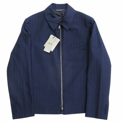 Dior CD Icon Tailored Zip Up Jacket Blue Leather Modern Tailor Ring Wool 48 Navy