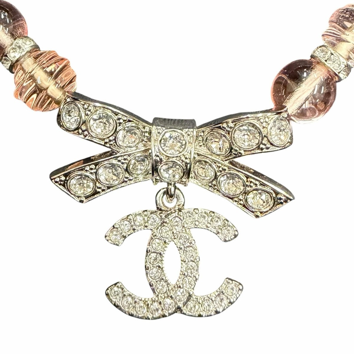 Chanel CC Logo Ribbon Rhinestone Choker Necklace Pink Silver