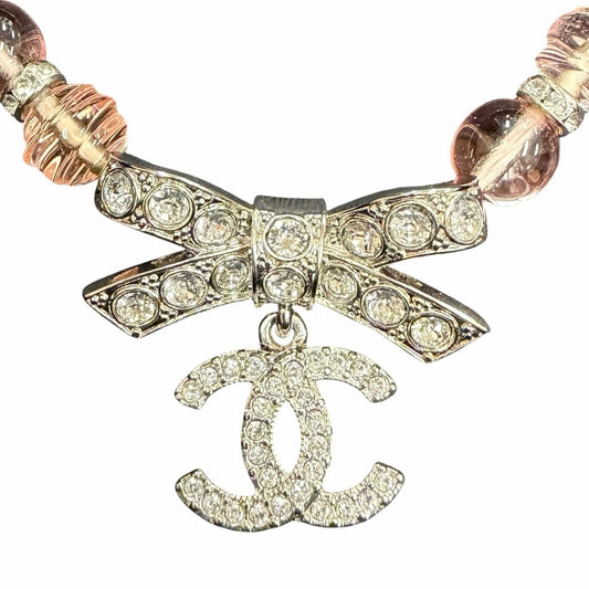 Chanel CC Logo Ribbon Rhinestone Choker Necklace Pink Silver