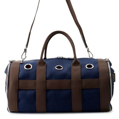 Hermes Dog Carrier Bag Navy Brown Silver Canvas Small