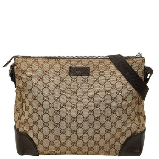 Gucci GG Canvas Crossbody Shoulder Bag Beige Brown Leather