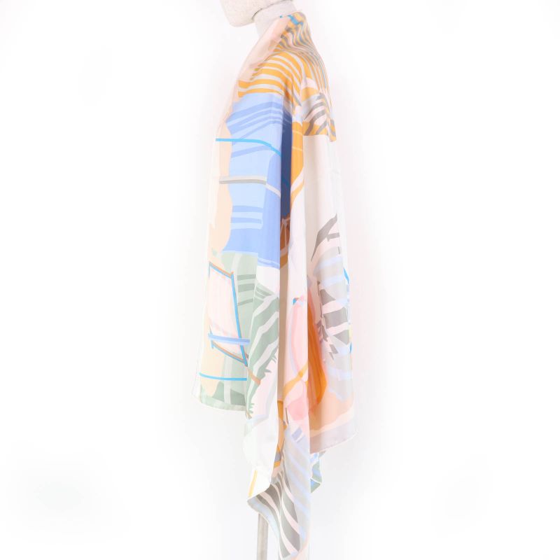 Hermes Rectangle Normandy Coastal Charm 100% Silk Blanc/bleu Glacier Scarf With