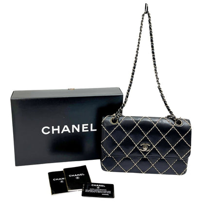 Chanel Quilted Wild Stitch Shoulder Bag W Chain Black Ivory