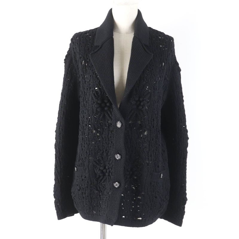 CHANEL P72095k10354 100% Cashmere Openwork Knit Cardigan With Coco Mark Buttons