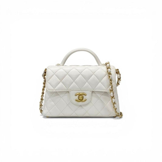 Chanel Shoulder Bag White Gold Quilted Small Flap Top Handle Turnlock CC Logo