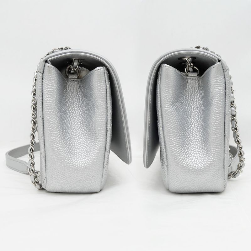 Chanel Small Chain Shoulder Bag Filigree Caviar Skin Silver Hardware